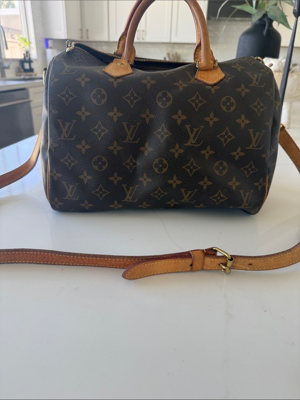Louis Vuitton Brown Monogram Crossbody Satchel with Tan Trim